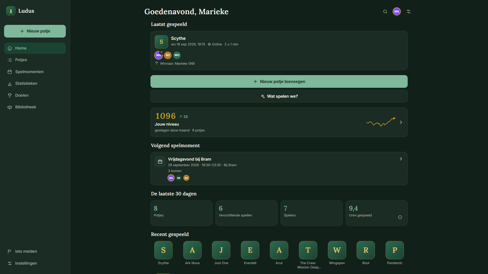 Het beginscherm van Ludus: het laatst gespeelde potje met de deelnemers en de winnaar, het eigen niveau met het verloop van de laatste maand, het volgende spelmoment en de cijfers van de afgelopen dertig dagen.
