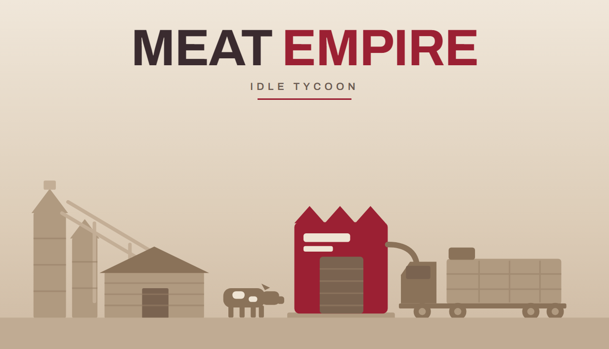 Meat Empire — idle tycoon. Voersilo's en een stal links, een vleesbedrijf met schoorsteen en watertoren rechts.