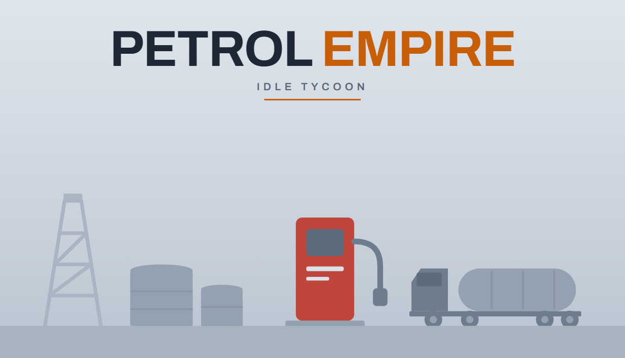 Petrol Empire — een tankstation bij nacht, met een boortoren en een tankwagen aan de horizon